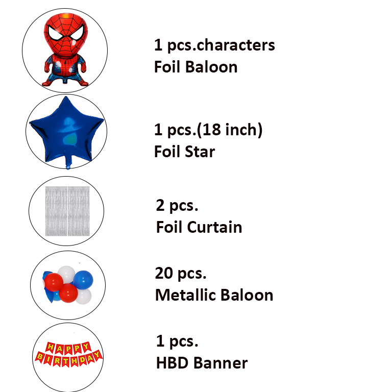 Spider Theme Happy Birthday Decoration Set – 5 in 1 Pack with Banner, Foil Balloons, Foil Curtain & 20 Metallic Balloons for Kids Birthday Party