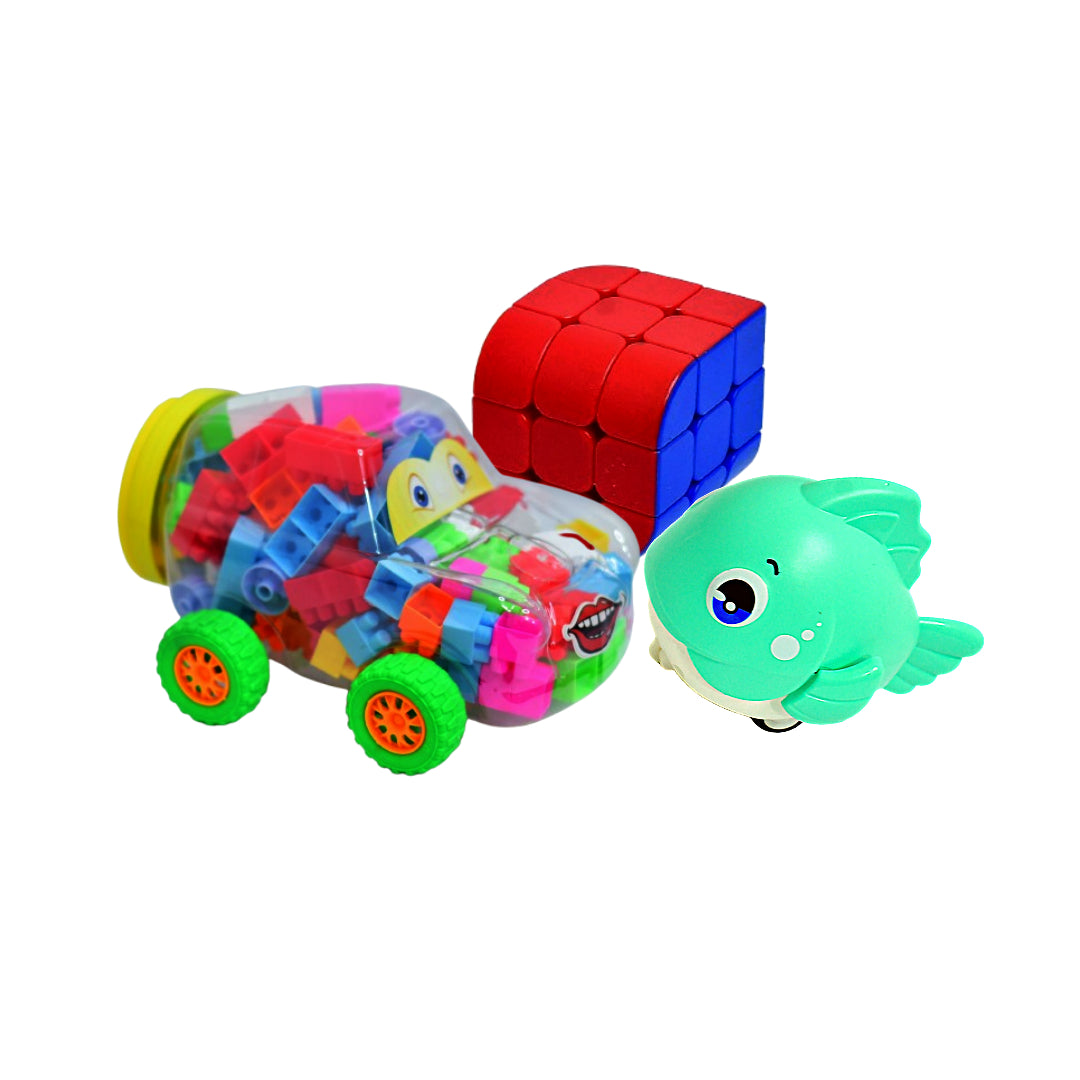 Zoobie Fun Car Building Toy,Windup Fish Toy And Penrose Cube Combo