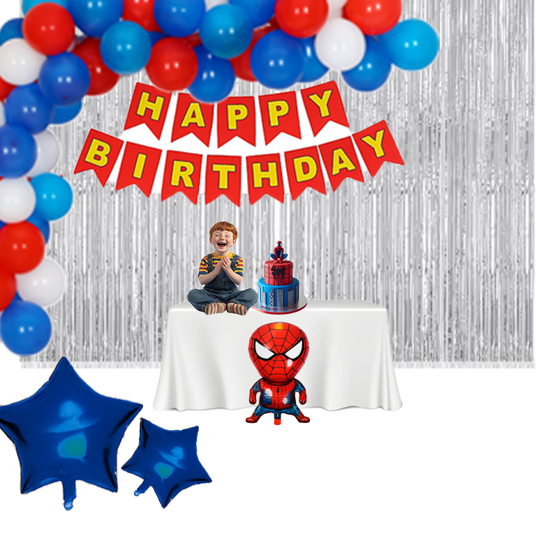 Spider Theme Happy Birthday Decoration Set – 5 in 1 Pack with Banner, Foil Balloons, Foil Curtain & 20 Metallic Balloons for Kids Birthday Party