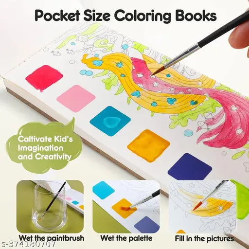 Cartoon Princess Theme Watercolor Painting Book for Kids | 10 Sheets + 1 Paint Brush | Pocket Activity Book for Beginners (Age 3-10)