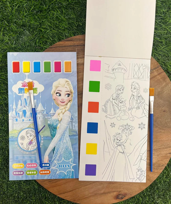 Cartoon Princess Theme Watercolor Painting Book for Kids | 10 Sheets + 1 Paint Brush | Pocket Activity Book for Beginners (Age 3-10)